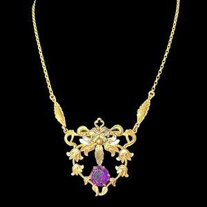 Edwardian Victorian Antique Gold Filled Amethyst Glass Mourning Jewelry Necklace